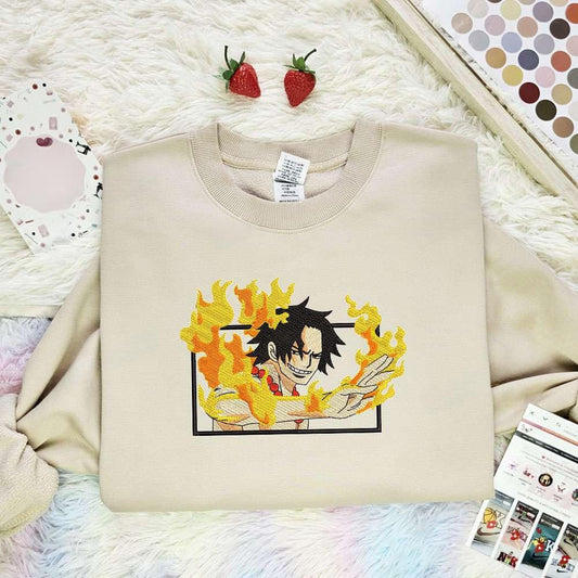 Ace Fire One Piece Anime Embroidered Shirt