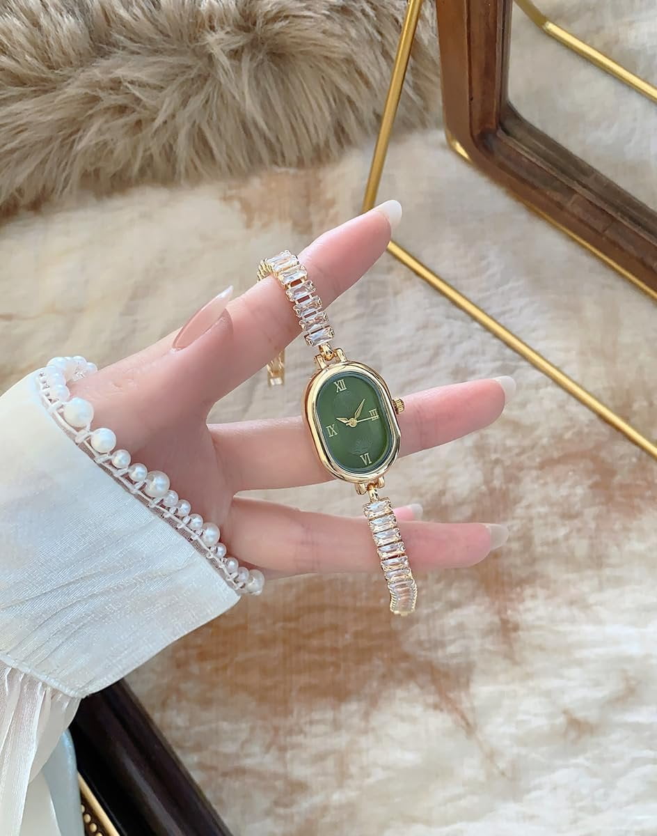 Alternative view of bestpickk Women's Oval Quartz Watch with Green Dial and Crystal Bracelet in Gold