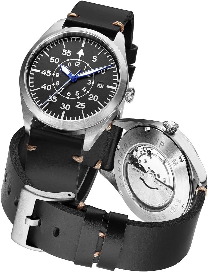Alternative view of bestpickk Men's Automatic Pilot Watch with Date and Black Strap in Steel and Black