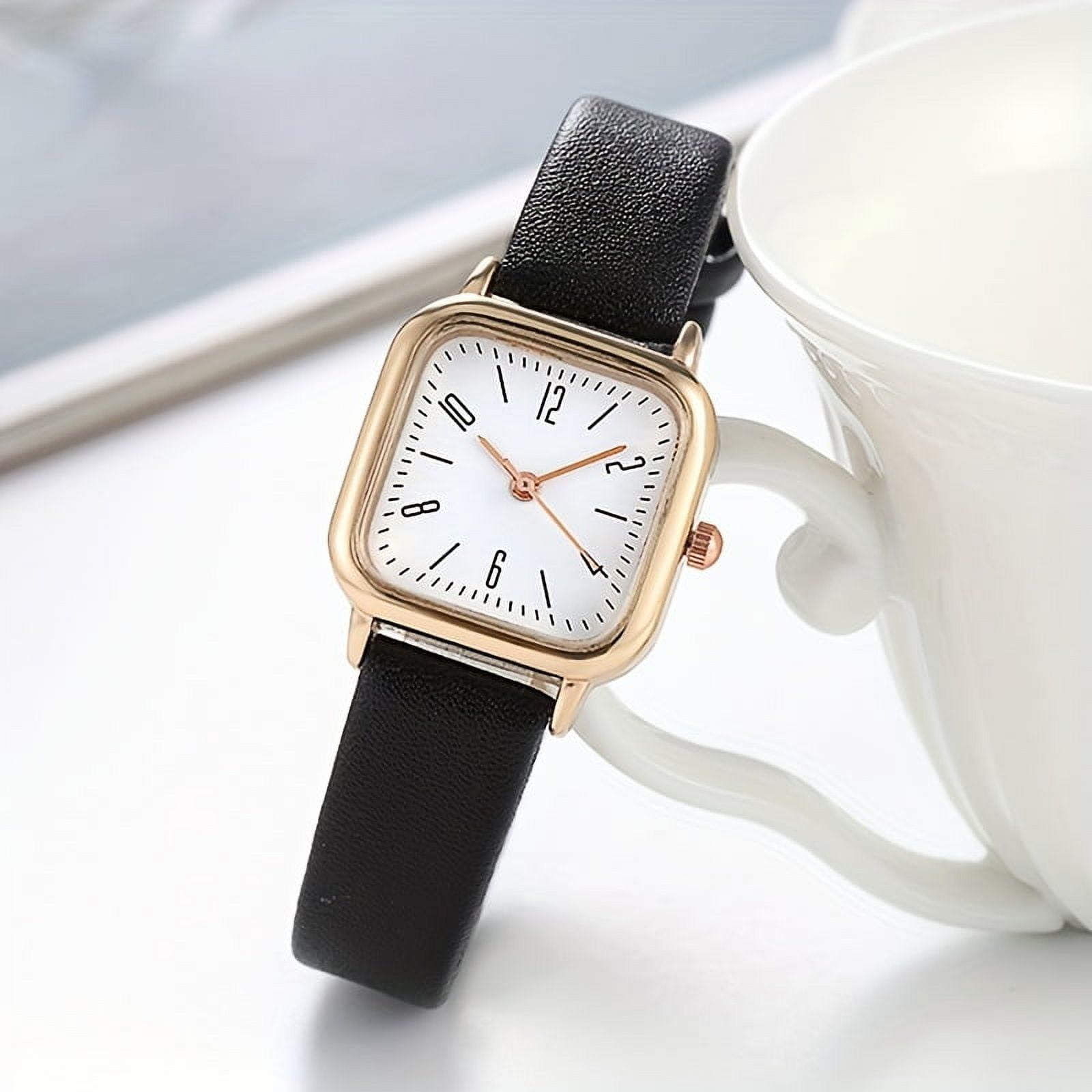 bestpickk Women's Square Quartz Watch with Black Leather Strap in Gold and White