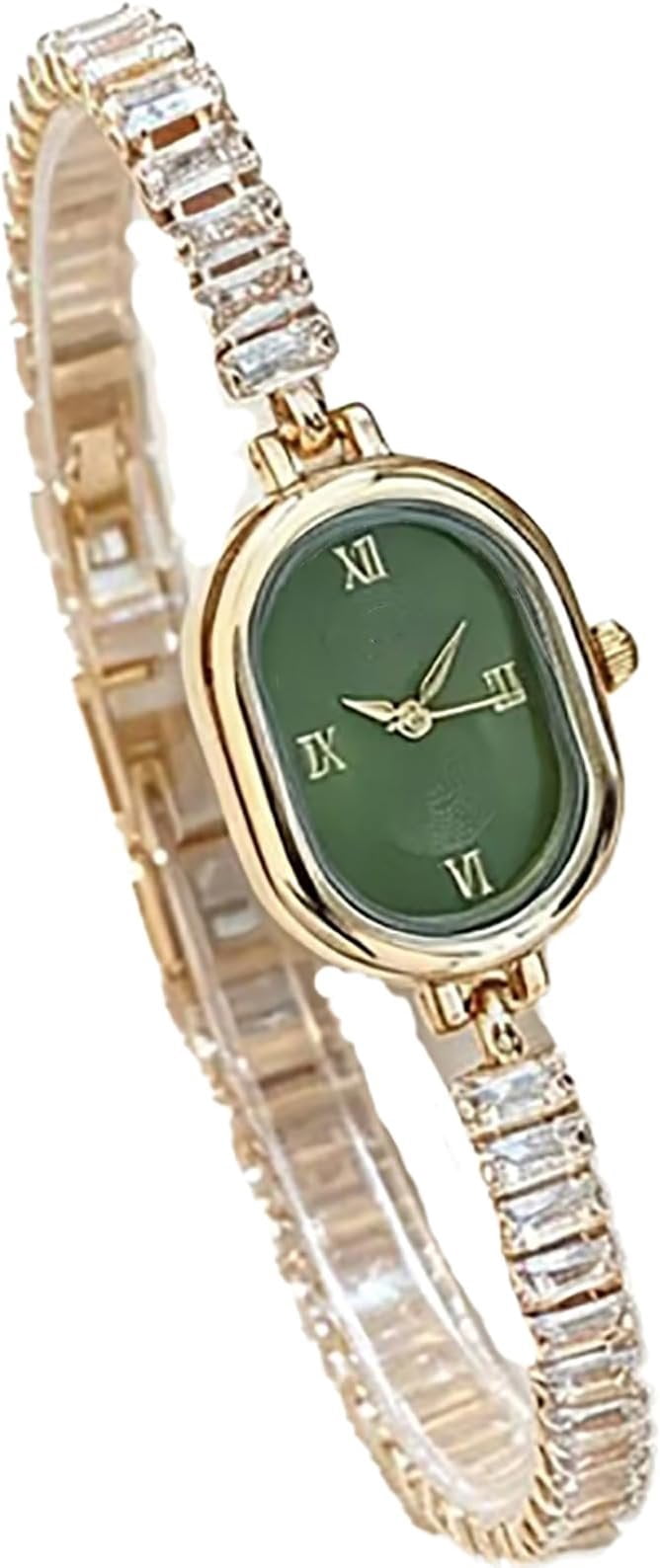 bestpickk Women's Oval Quartz Watch with Green Dial and Crystal Bracelet in Gold