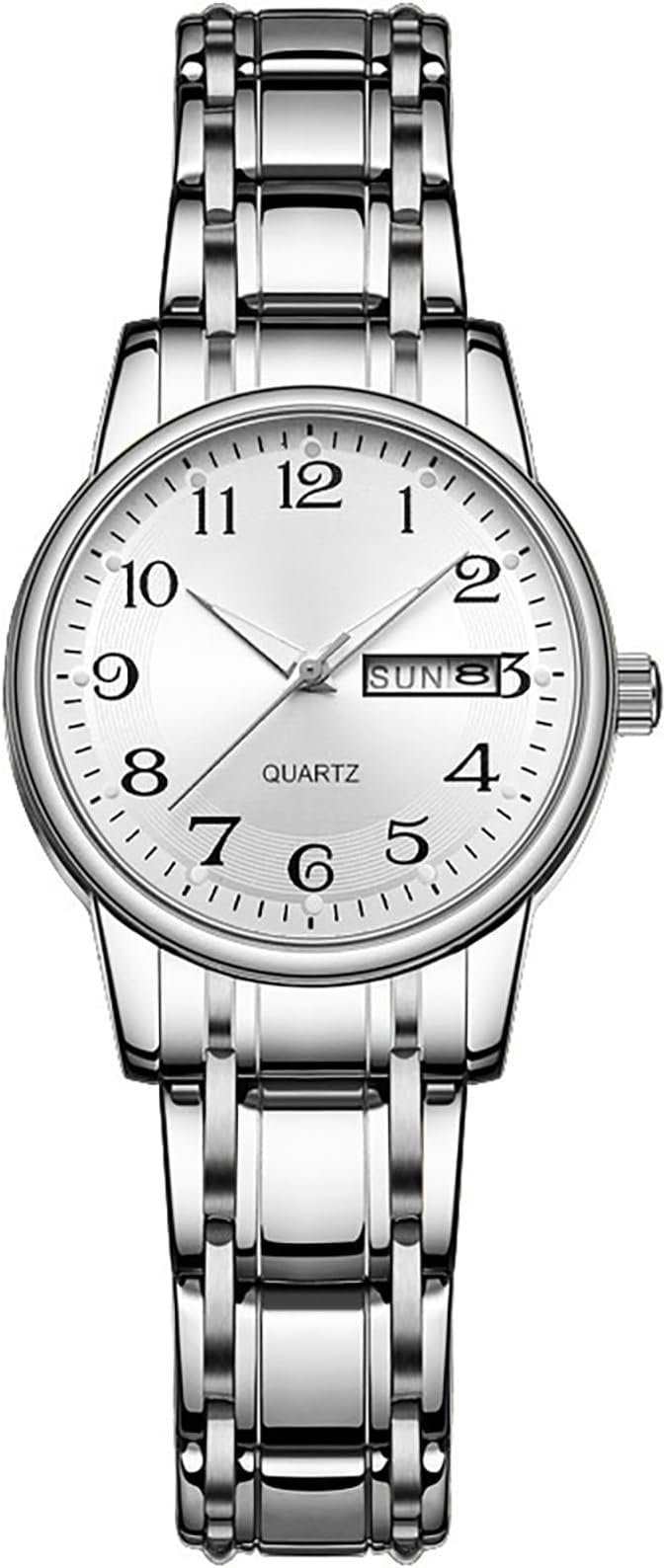 bestpickk Women's Day-Date Quartz Watch with Arabic Numerals and Steel Bracelet in Silver