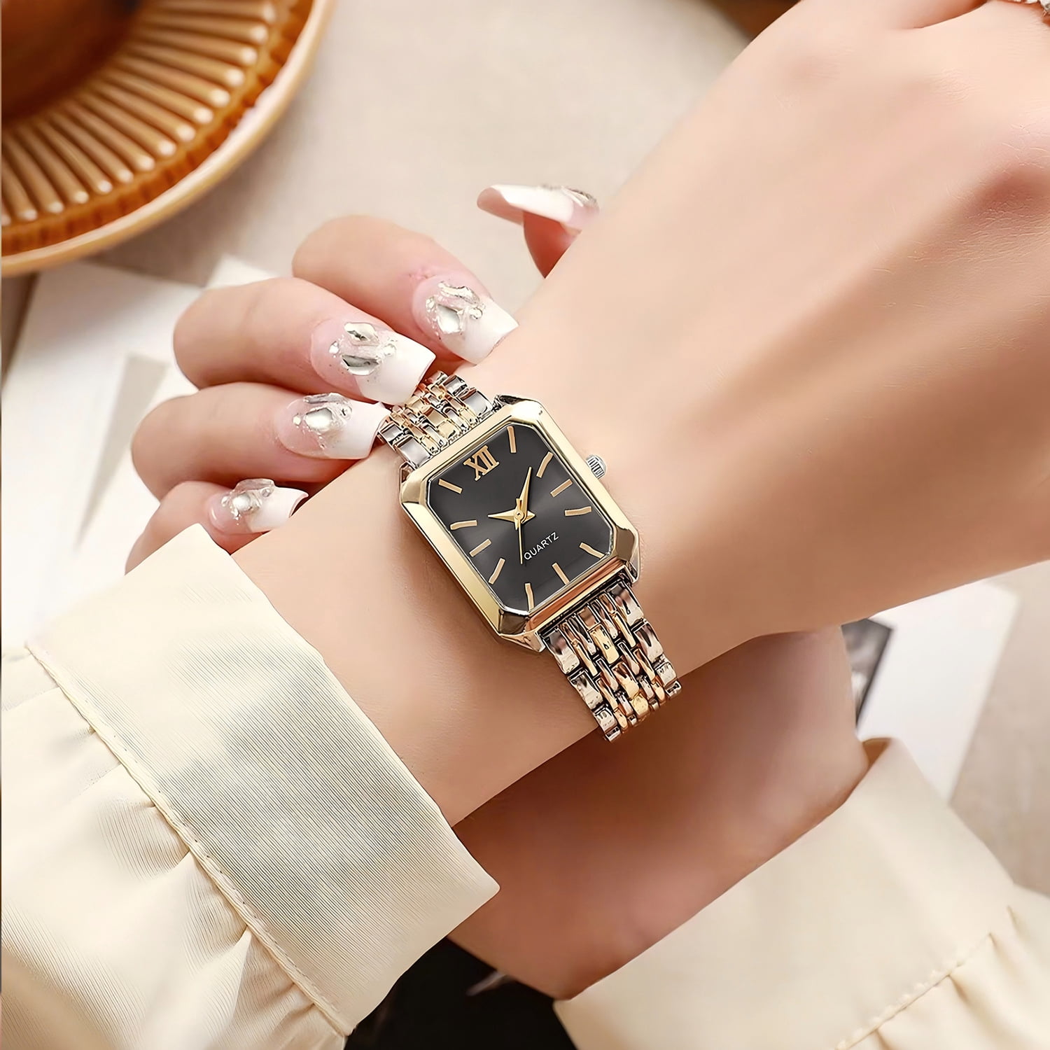 bestpickk Women's Rectangular Quartz Watch with Black Dial and Two-Tone Bracelet