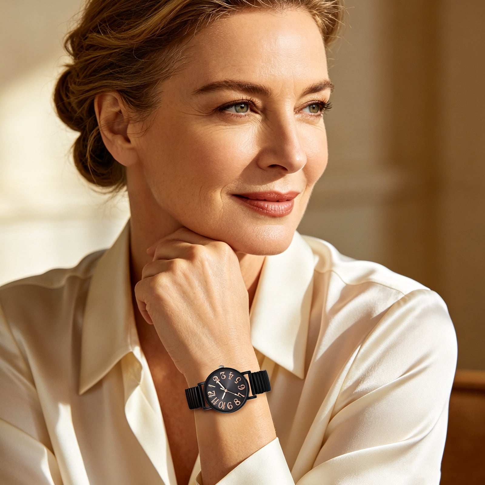 bestpickk Women's Easy-Read Quartz Watch with Black Stretch Band and Rose Gold Numerals - Image 3