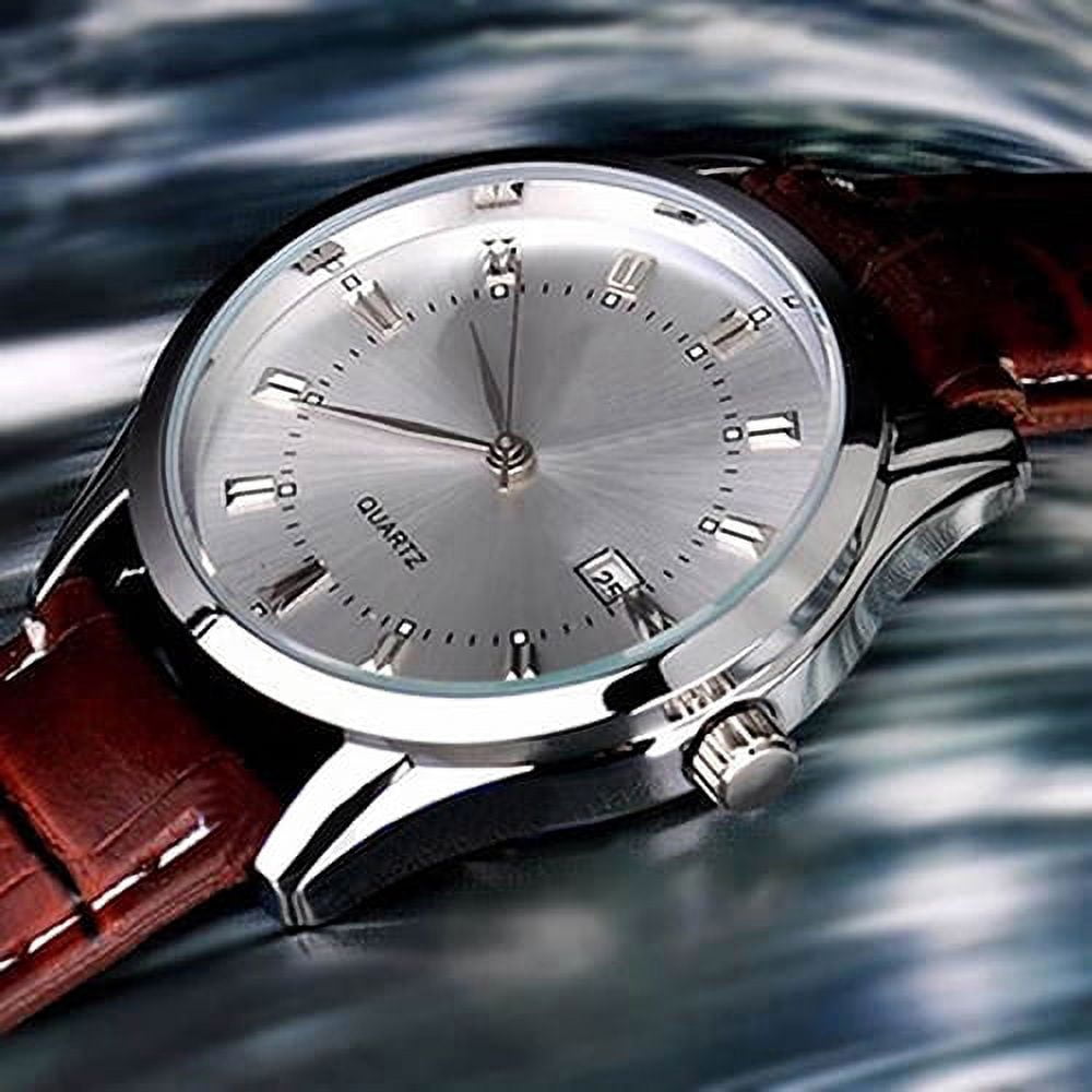 Alternative view of bestpickk Men's Quartz Watch with Date and Brown Strap in Silver
