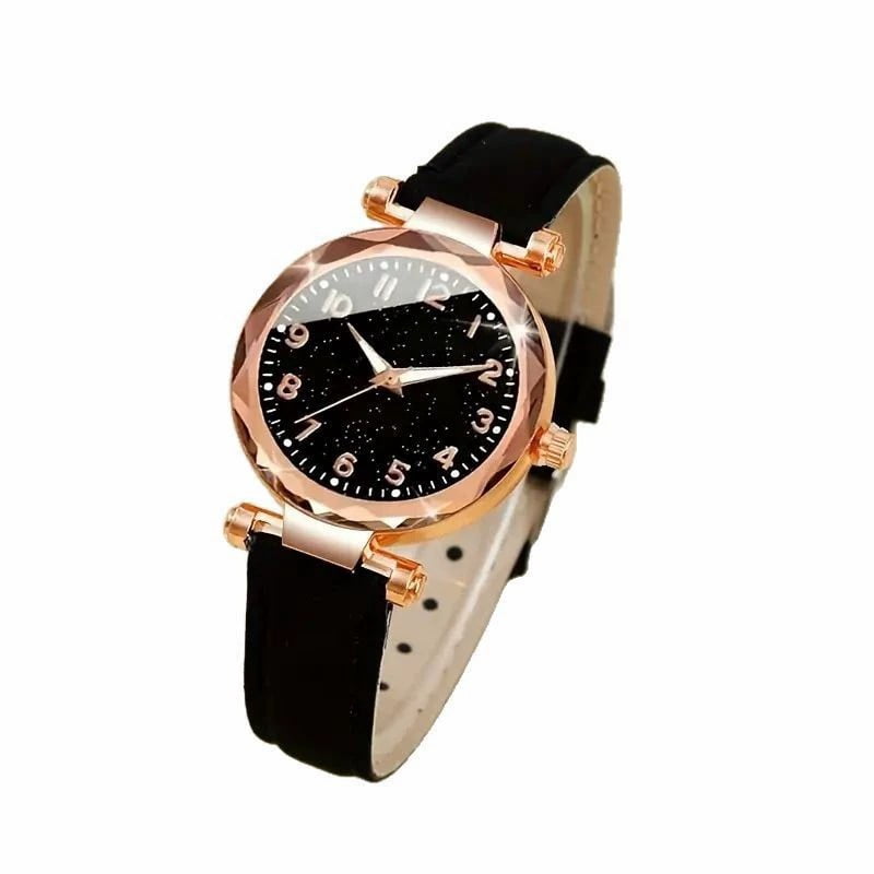 bestpickk Women's Starry Dial Quartz Watch with Black Strap in Rose Gold