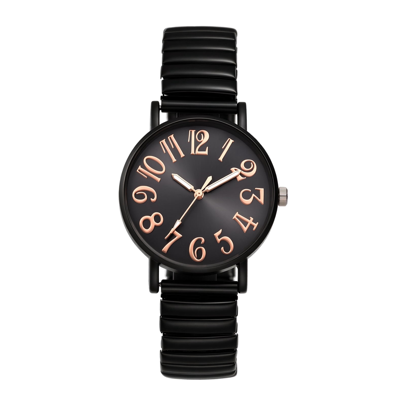 bestpickk Women's Easy-Read Quartz Watch with Black Stretch Band and Rose Gold Numerals