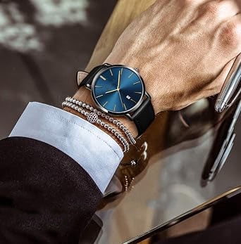 Alternative view of bestpickk Men's Slim Quartz Watch with Date and Black Leather Strap in Black and Blue