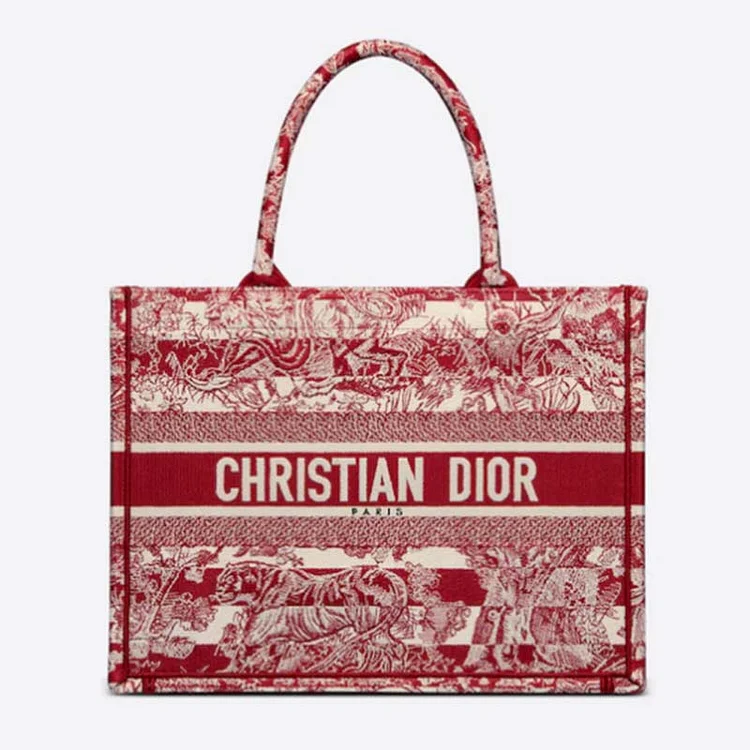 CD Unisex Medium Book Tote Burgundy Toile De Jouy Stripes Embroidery