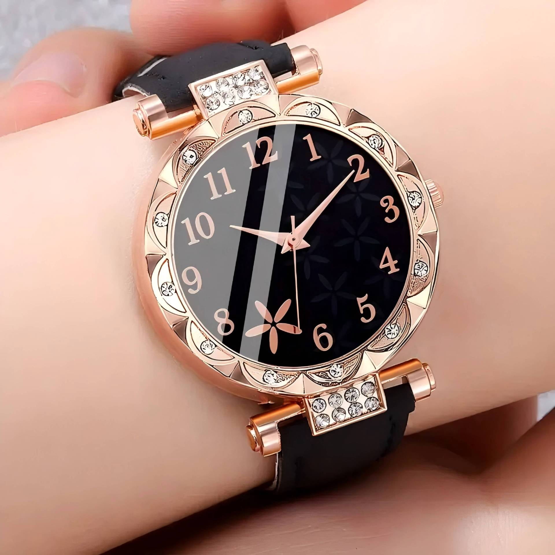 Alternative view of bestpickk Women's Floral Dial Quartz Watch with Rhinestone Bezel and Black Strap in Rose Gold