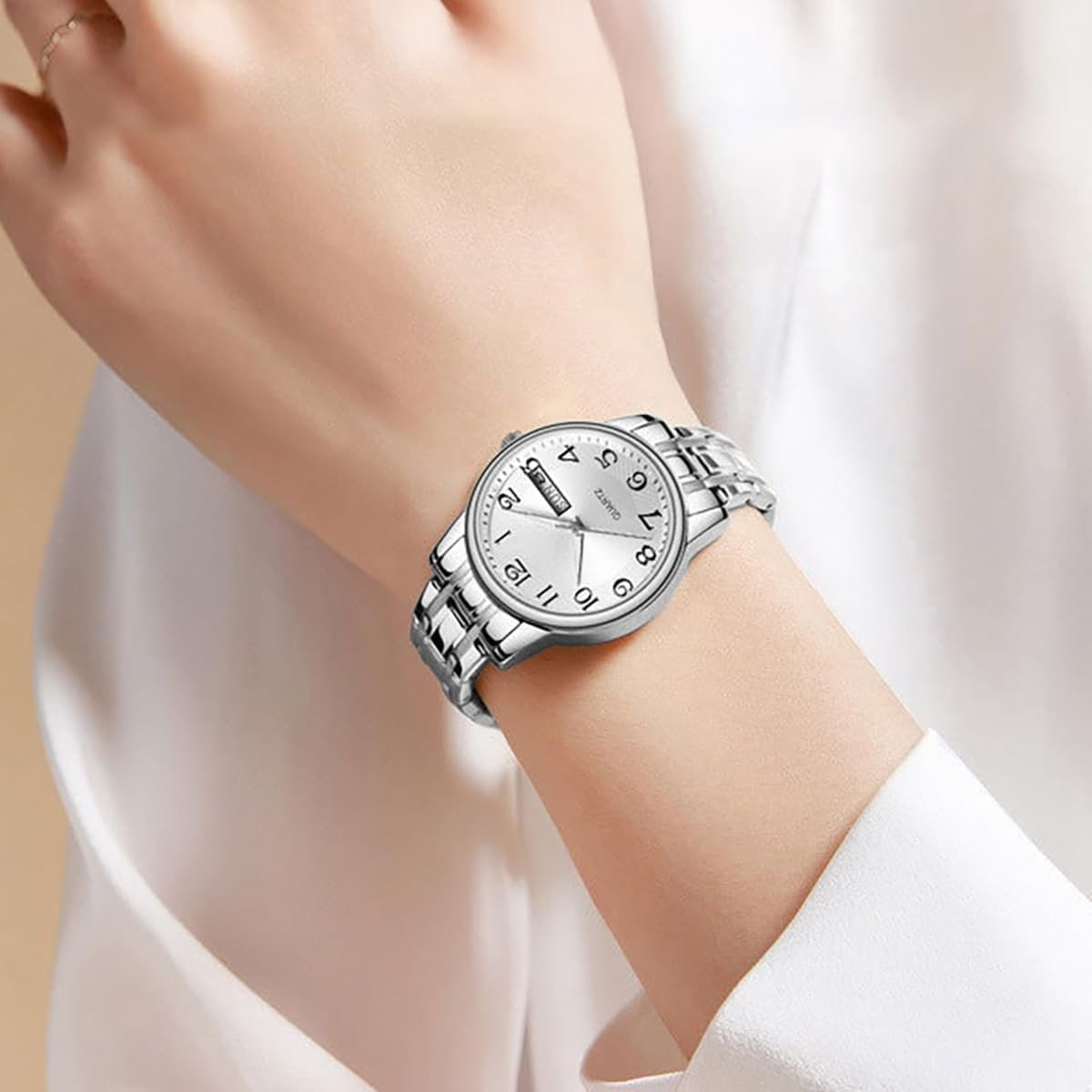 Alternative view of bestpickk Women's Day-Date Quartz Watch with Arabic Numerals and Steel Bracelet in Silver