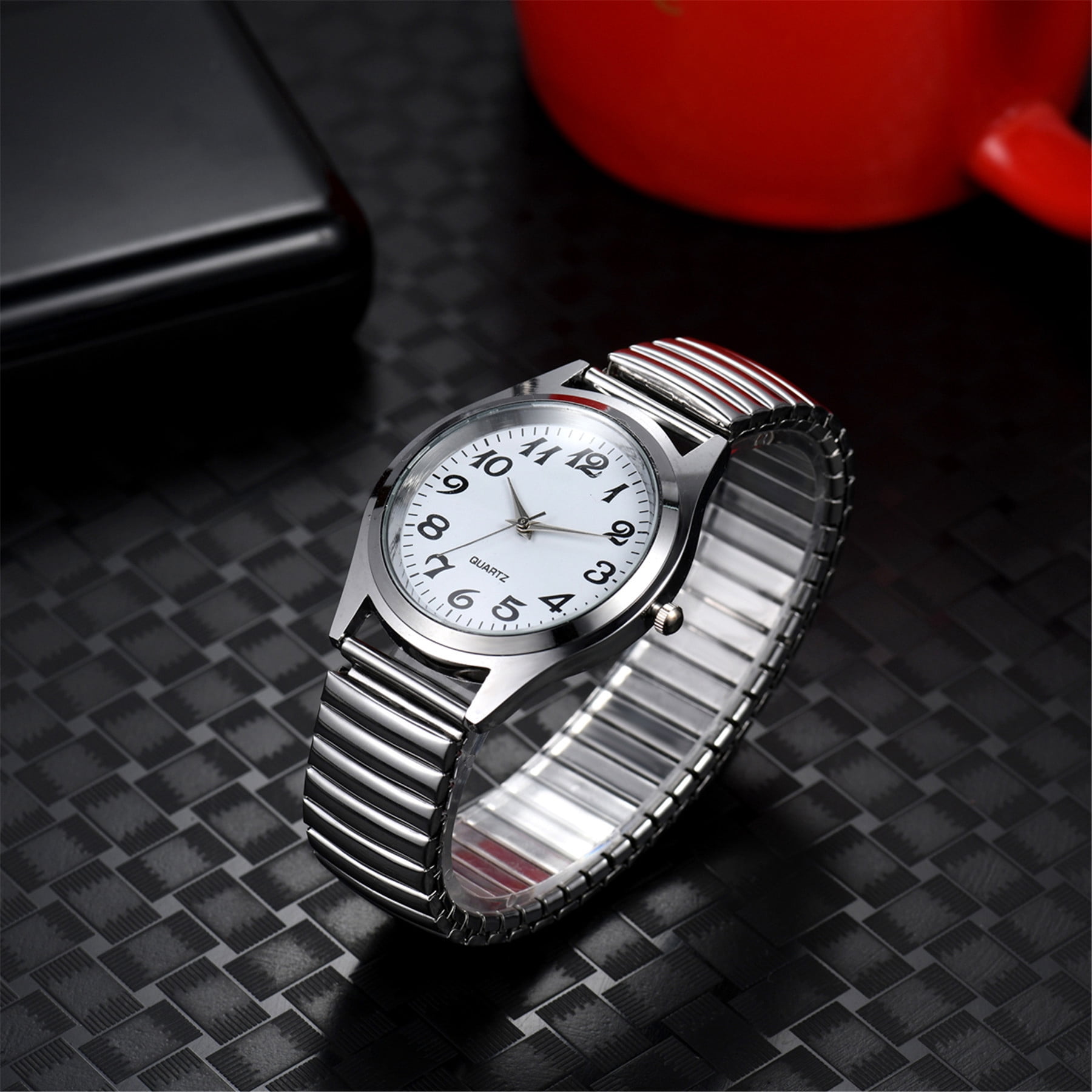 Alternative view of bestpickk Men's Easy-Read Quartz Watch with Stretch Band in Silver and White