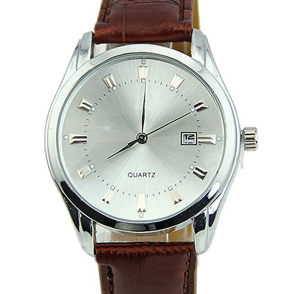 bestpickk Men's Quartz Watch with Date and Brown Strap in Silver