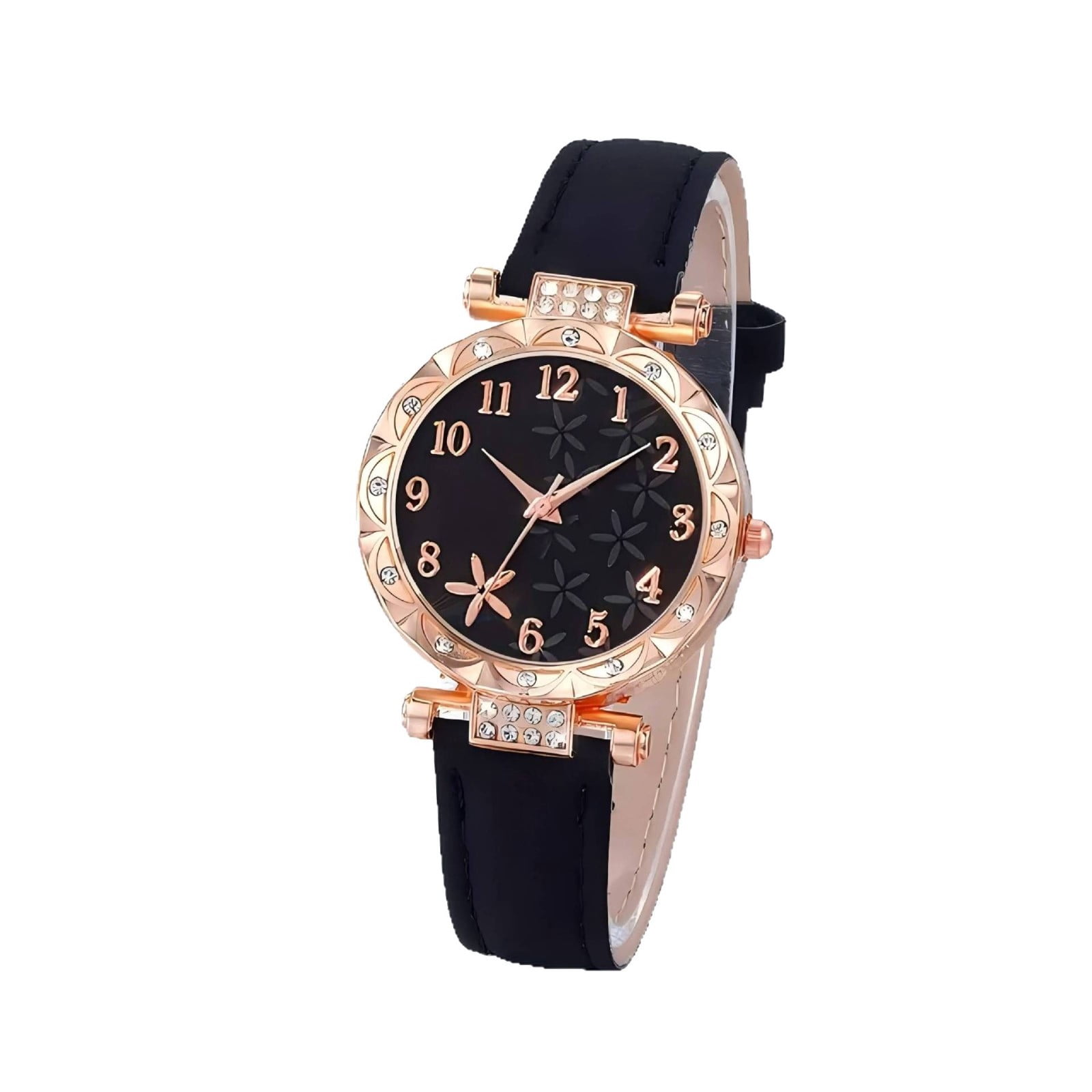 bestpickk Women's Floral Dial Quartz Watch with Rhinestone Bezel and Black Strap in Rose Gold