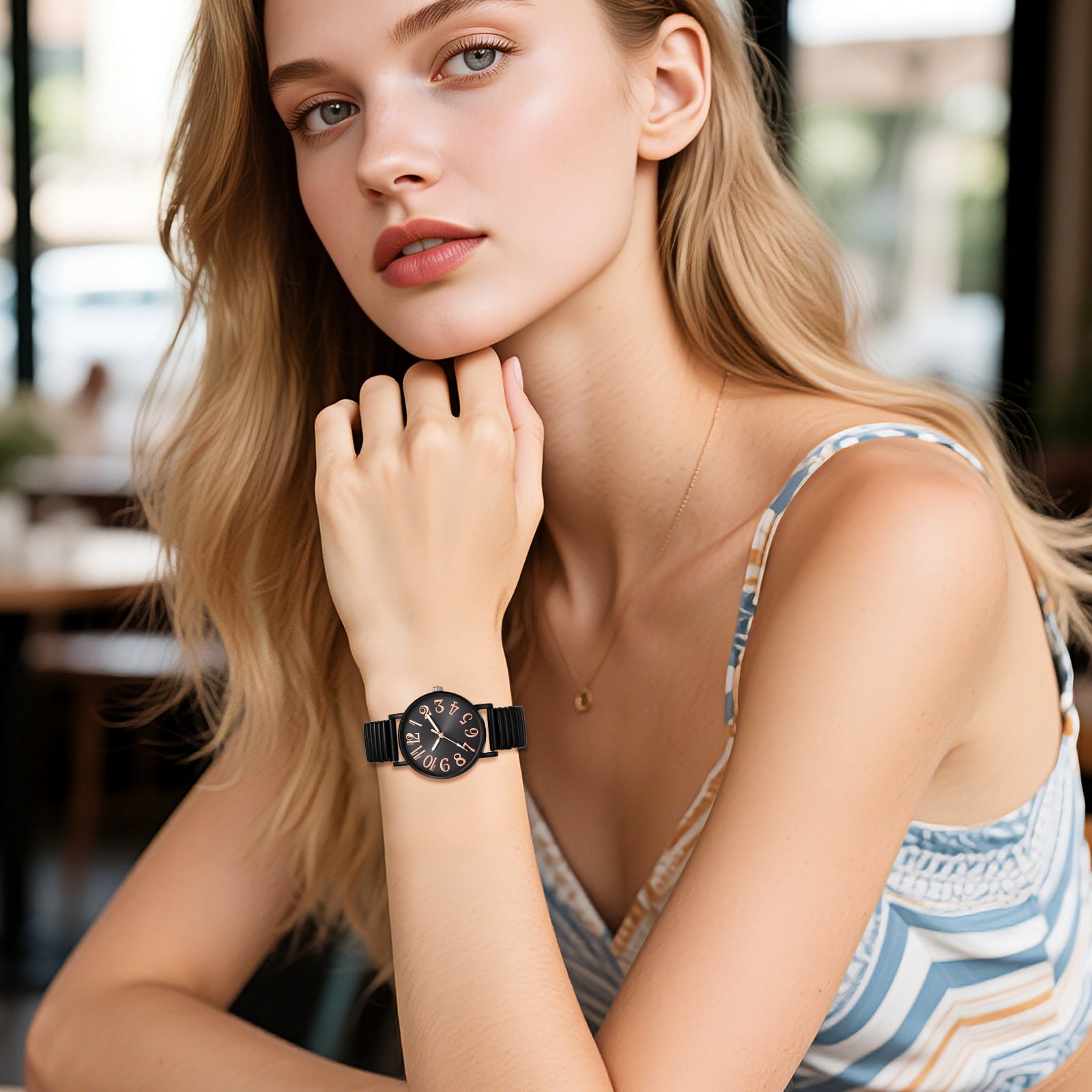 Alternative view of bestpickk Women's Easy-Read Quartz Watch with Black Stretch Band and Rose Gold Numerals