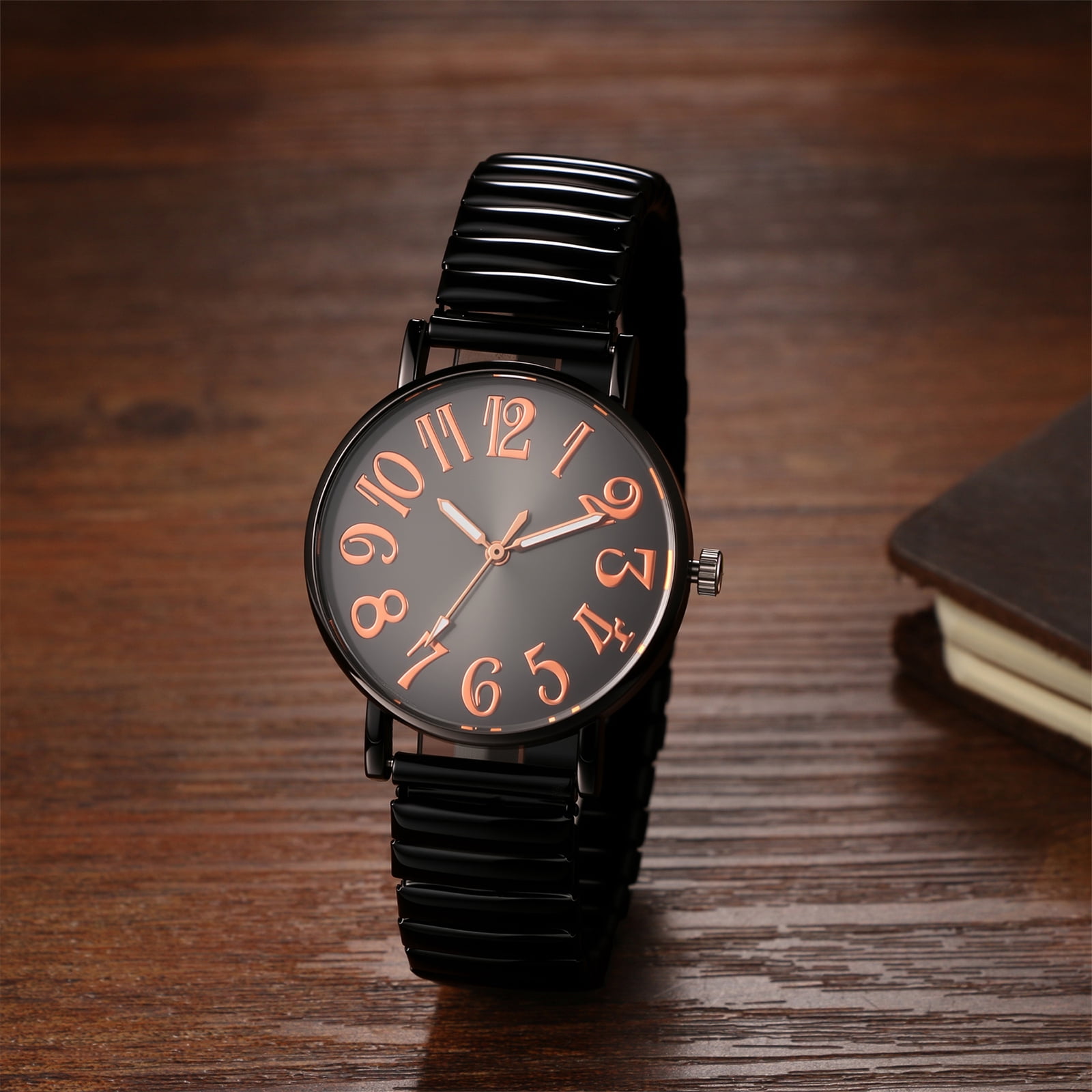 bestpickk Women's Easy-Read Quartz Watch with Black Stretch Band and Rose Gold Numerals - Image 4