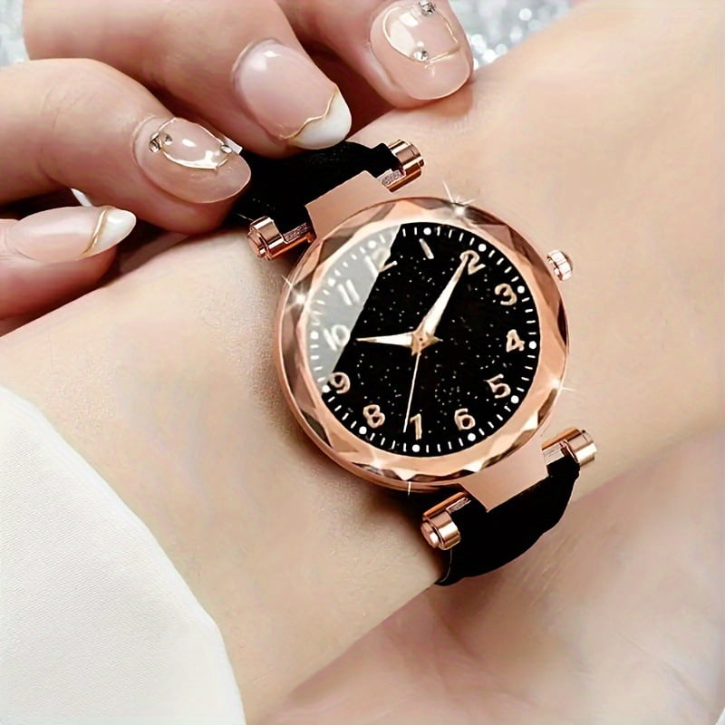 Alternative view of bestpickk Women's Starry Dial Quartz Watch with Black Strap in Rose Gold