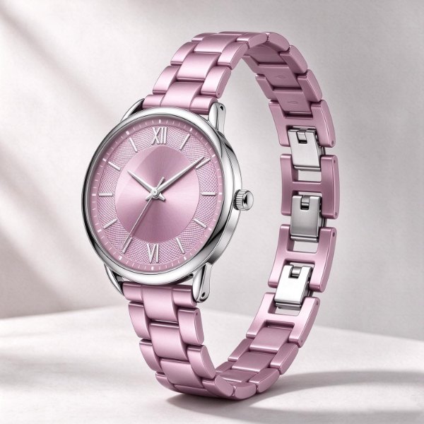 Women's quartz watch with a pink sunray dial, silver Roman numerals and a pink metal bracelet