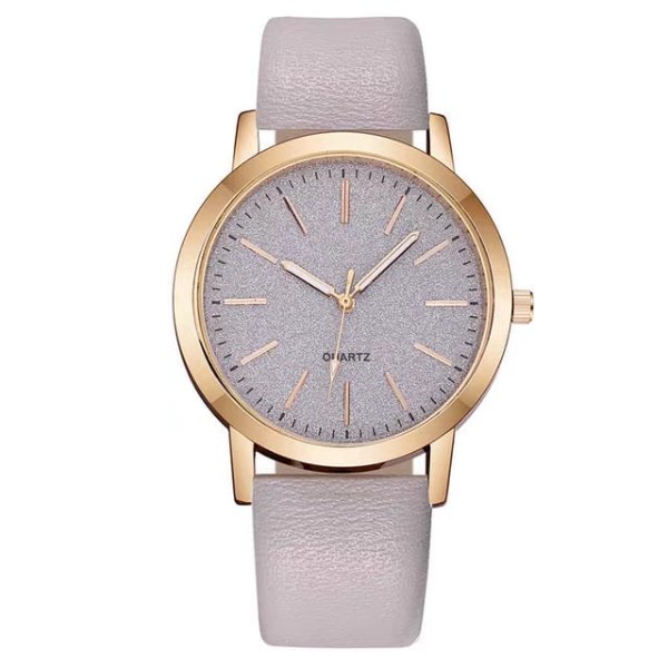 Women's quartz watch with a rose gold case, a gray glitter dial and a gray strap