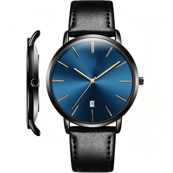 Men's quartz watch with a slim black case, a blue dial and a black leather strap