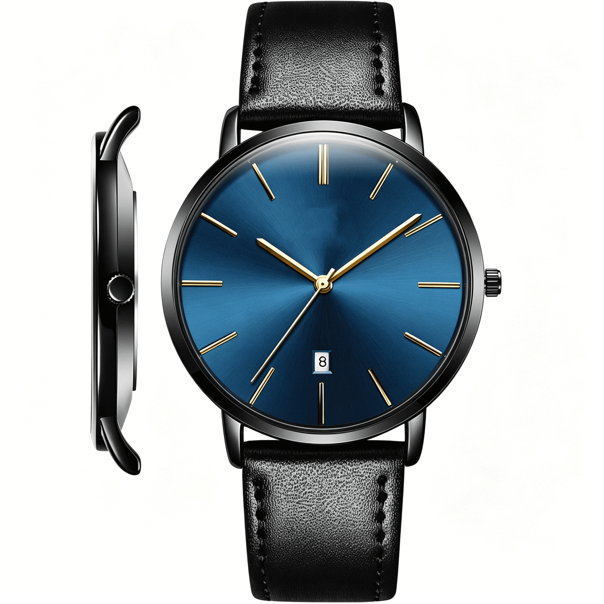 bestpickk Men's Slim Quartz Watch with Date and Black Leather Strap in Black and Blue