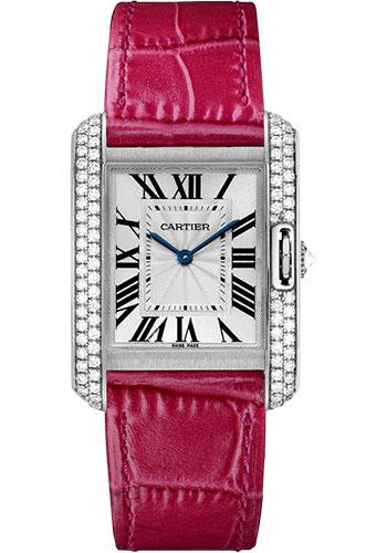 Cartier Tank Anglaise Watch – 34.7 mm White Gold Rodium Diamond Case – Silvered Flinque Dial – Fuchsia Pink Alligator Strap – WT100030