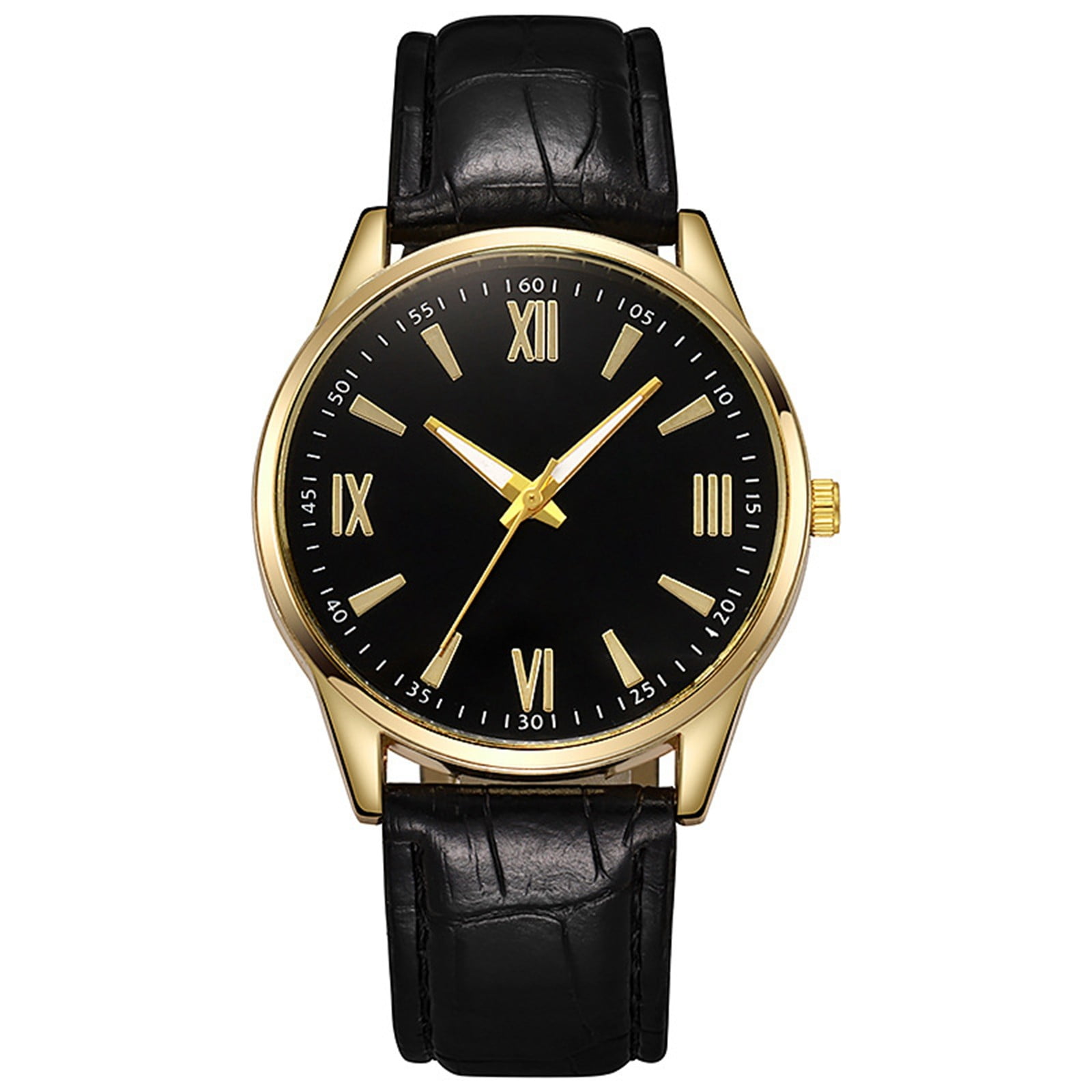 bestpickk Men's Roman Numeral Quartz Watch with Black Dial and Black Strap in Gold