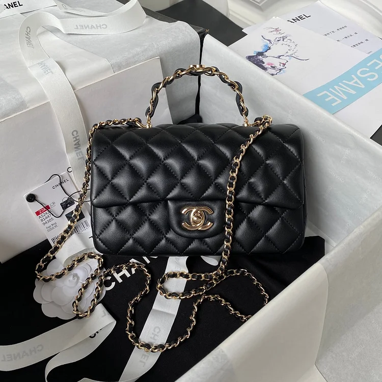 cc 23K AS2431 Mini flap Lambskin bag with top handle Black/white